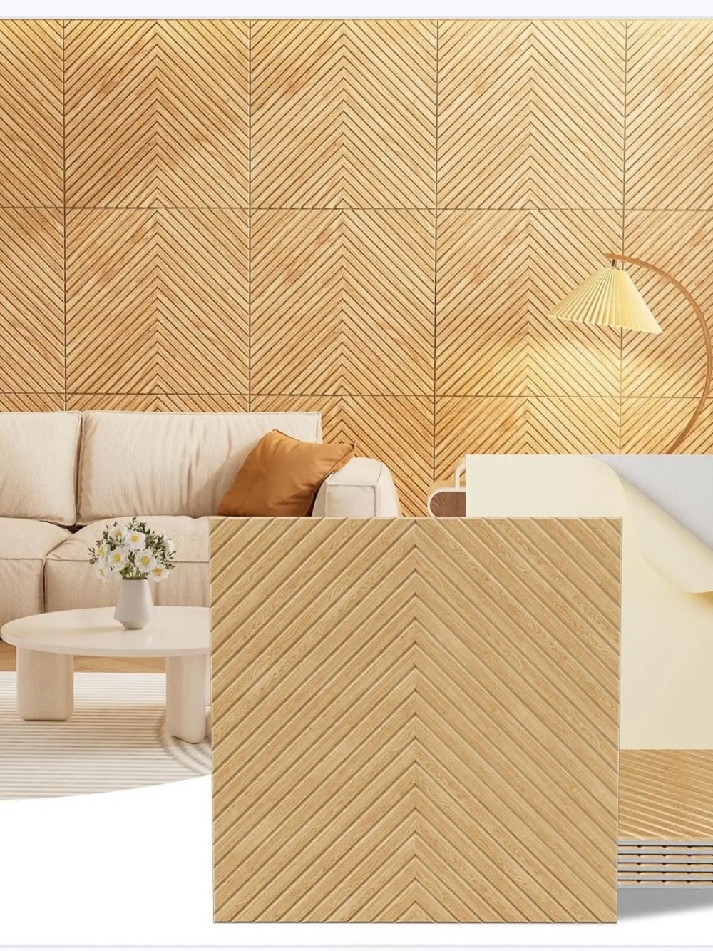 Woodgrain Chevron Wall Panel - Natural Beige Home Wall Decor 8 piece